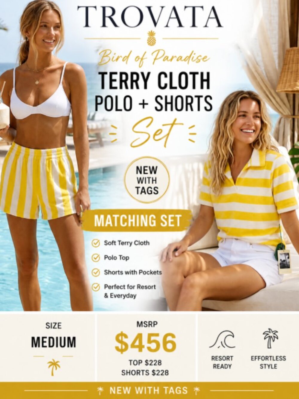 Trovata Bird of Paradise Terry Cloth Polo/Shorts Set Yellow/White Stripe Medium